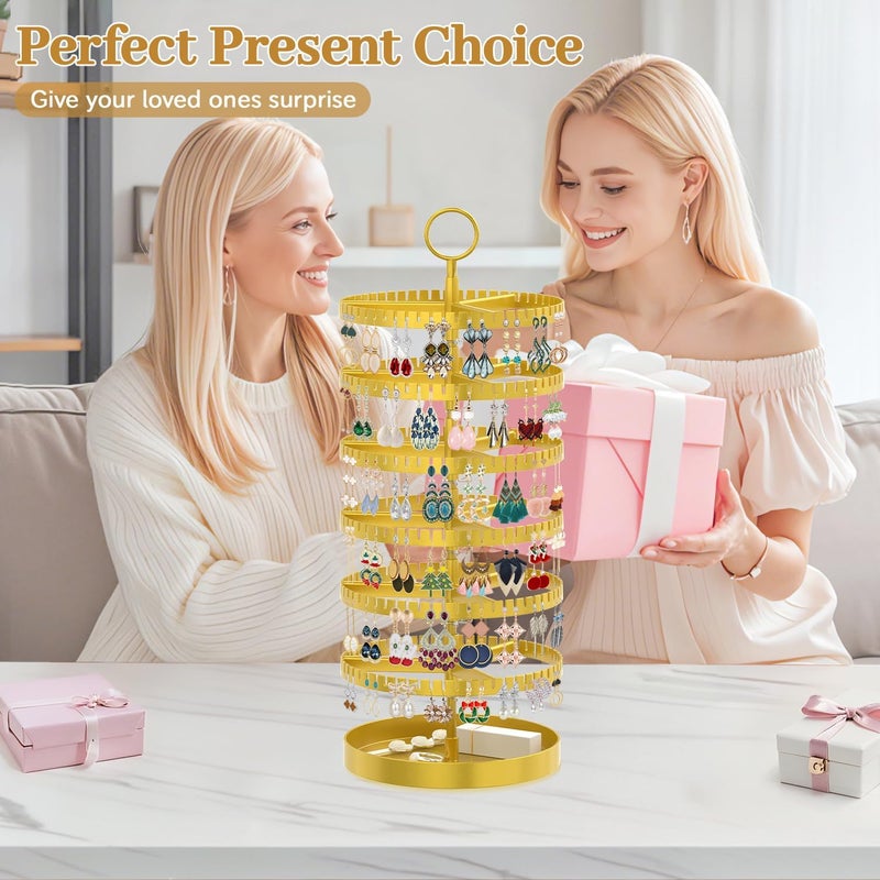 MODOWEY 6 Tier Rotating Earring Holder Organizer Display Tree with Metal Tray, Adjustable Plastic Stand with 342 Slots for Stud Hoop Hanger, Large Capacity Storage Rack for Women Space-Saving, Gold - Image 5